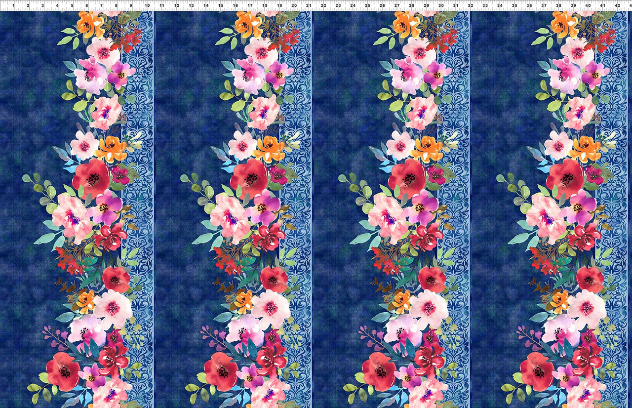 In The Beginning - Glorious Garden 1GAR1 Border Stripe Blue Floral | SOLD BY THE HALF-YARD